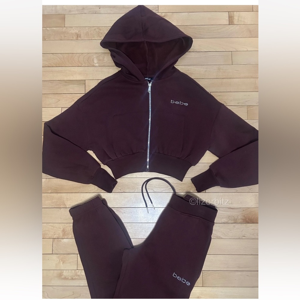 NEW! NWT BEBE Bling Rhinestone Logo Hoodie & Jogger Set Chocolate Brown Size S